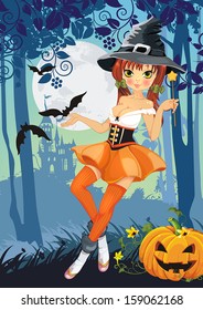 Cute girl in Halloween witch costume with decorated pumpkin