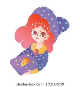 Cute girl in halloween witch costume brings a box of pizza. Vector isolated character pizza delivery man in a holiday theme. Unusual picture for a web store, mobile application or advertisement.