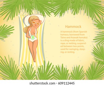 Cute girl in hammock at the summer lounge under palm with cocktail. Vector illustration