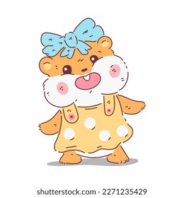 Cute girl hamster in dress vector cartoon character isolated on a white background.