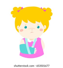 Cute girl hand bone broken from accident with arm splint vector illustration.