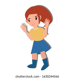 Cute girl hand up concept. Creative idea design. Flat vector illustration for template, brochure or presentation