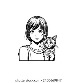 Cute girl hand drawn ink sketch with cat- style vector illustration