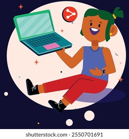 Cute Girl hand On Laptop Cartoon Vector Icon Illustration. People Technology Icon Concept Isolated Premium Vector. Flat Cartoon Style