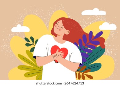 Cute girl with hands on heart. Self love concept. Happy calm young woman, feeling bliss, harmony, positive emotions. Red hair. Color flat vector illustration