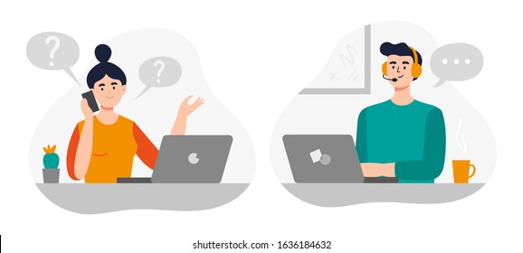 Cute girl and handsome man answer phone calls, chatting with customers and help clients. Flat Vector illustration on online customer service theme.