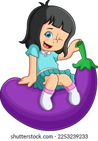 A cute girl happily sits on top of a large eggplant of illustration