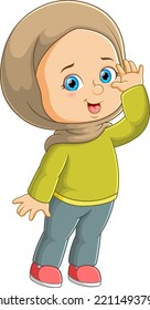 The cute girl with the happy expression is posing and raising up the hand of illustration