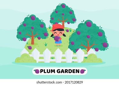 Cute girl harvesting fruit in the plum garden with holding fruit basket.  Vector cartoon illustration. Suitable for children, farming, botanical, plantation product content illustration.