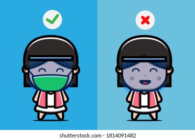 cute girl has correct and incorrect face mask Cartoon Vector Icon Illustration. People Icon Concept Isolated Premium Vector. Flat Cartoon Style