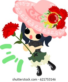 A cute girl and a hat of carnations
