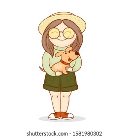 cute girl in a hat with a dog. cartoon vector illustration