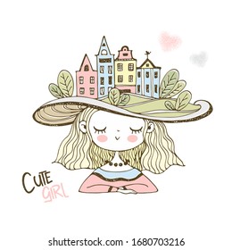 Cute girl in a hat with European houses. Vector.