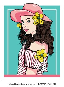 cute girl in hat with flowers illustration
