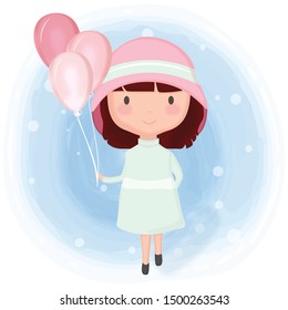 Cute girl in a hat and holding balloons cartoon illustration watercolor greeting card