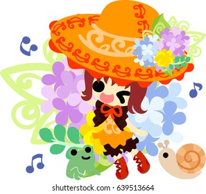 A cute girl and a hat of hydrangeas