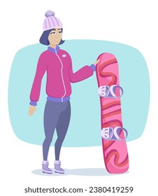 Cute girl in hat and ski jacket going snowboarding. Vector illustration. Winter sport, hobby concept