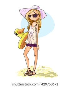 Cute girl in a hat with a swimming circle duck. Vector cartoon character isolated.