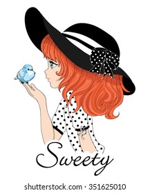 Cute girl in a hat vector design.Romantic hand drawing poster.cartoon character.