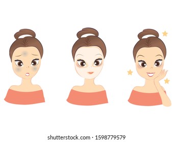 Cute Girl Have Dull Skin Problems. Treatment For Dull Skin With Cosmetic Mask. Beauty Cartoon Character Illustration