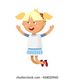 Cute girl have fun. Female kid character illustration. Child in motion. Cheerful girl jumped. Detailed personage isolated in white background.