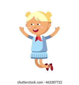 Cute girl have fun. Female kid character illustration. Child in motion. Cheerful girl jumped. Detailed personage isolated in white background.