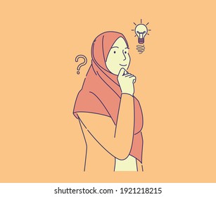 cute girl have idea hand drawn style . young pretty muslim woman smiling with finger on chin, vector illustration concept, can use for, landing page, template, ui, web, homepage, poster