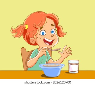 cute girl having breakfast.cartoon vector illustration.