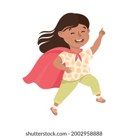 Cute Girl Having Fun Wearing Red Cape, Adorable Kid Leisure Activity Concept Cartoon Vector Illustration