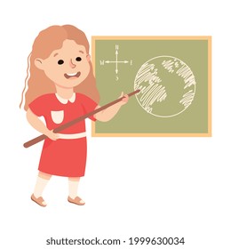 Cute Girl Having Geography Lesson, Elementary School Student Standing at Blackboard with Earth Map, Kids Education Concept Cartoon Vector Illustration