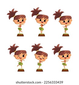 Cute Girl Hawaiian Dancer in Traditional Hawaiian Costume Dancing Hula and Playing Ukulele Vector Set