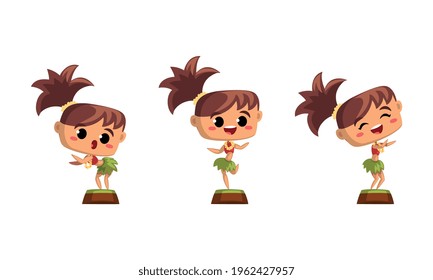 Cute Girl Hawaiian Dancers Set, Funny Child Wearing Traditional Hawaiian Costume Dancing Hula Vector Illustration
