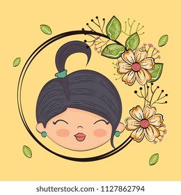 cute girl head character with floral frame