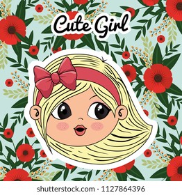 cute girl head character with floral frame