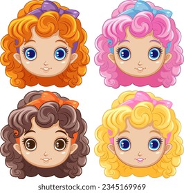 Cute Girl Head with Curly Hair Collection illustration