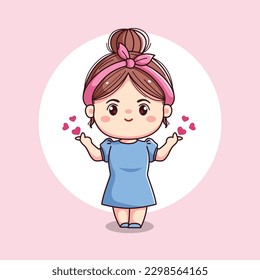 Muchacha linda con la cabeza y vestido azul con el signo de amor chibi kawaii personaje plano