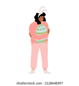 Cute girl in headband with bunny ears gently hugging huge decorated Easter Egg. Easter holidays card design. Character vector isolated Illustration