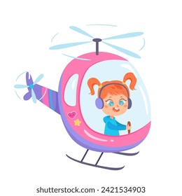 Muchacha con audífonos volando en helicóptero rosa. Ilustración vectorial de la joven piloto de dibujos animados. Viaja con amigos. Divertida aventura aérea en copter. Fuera del tiempo libre.- Escuela de aviación.