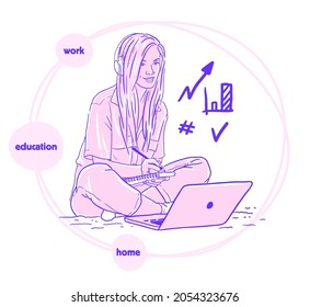 cute girl in headphones with laptop sitting on the floor working vector drawing