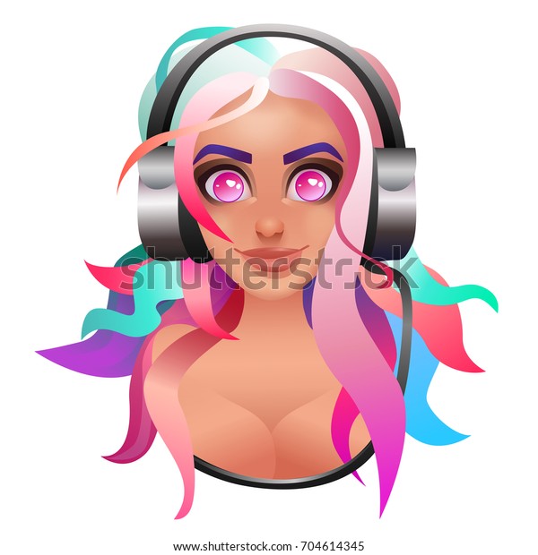Cute girl in headphones listen disco music. Flat\
vector illustration for poster, postcard, print and ads. Young\
beautiful woman with pink long hair. Smiling teenage girl with\
earphones and big eyes