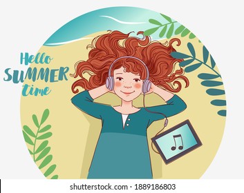 Cute girl in headphones listening to music. Nature landscape background. Summer holidays illustration. Vacation time