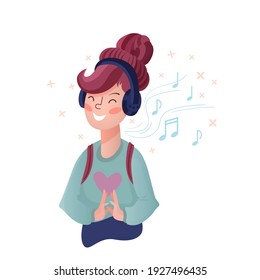 cute girl in headphones listens to music. around her are notes and flowers