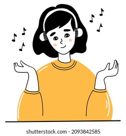 Cute girl in headphones listens to music. Vector illustration in hand drawn doodle style. Podcast and hobby concept. character For thematic decor, Design, postcards and print
