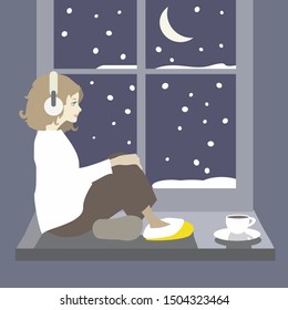 Cute girl in headphones sitting by the window and listening to music on a winter evening. Illustration in cartoo style.