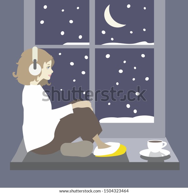 窓際に座って冬の夜に音楽を聴いているヘッドフォンを持つかわいい女の子 カルトースタイルのイラスト のベクター画像素材 ロイヤリティフリー