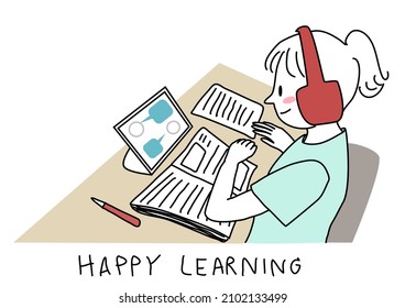 Cute girl with headphones studying online class. Happy young woman wearing wireless headphones and taking class online. Distance learning concept with girl smiling while learning online lesson.