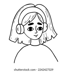 Cute girl in headphones. Vector illustration in doodle style. cartoon female character portrait listening to music, podcast