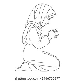 Cute girl in headscarf praying on knees with closed eyes, reading prayer, hand-drawn, line art vector illustration, white background