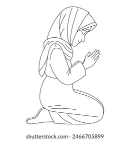 Cute girl in headscarf praying on knees with closed eyes, reading prayer, hand-drawn, line art vector illustration, white background