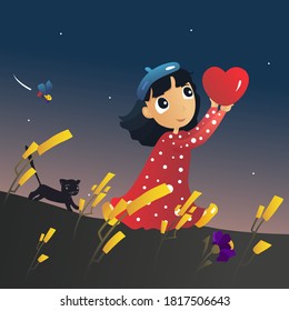 Muchacha con corazón y gato en vector